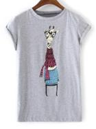 Shein Grey Giraffe Print Round Neck Short Sleeve T-shirt