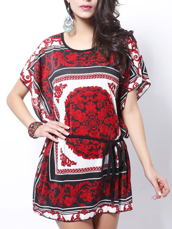 Shein Black Red Florals Dolman Shift Dress