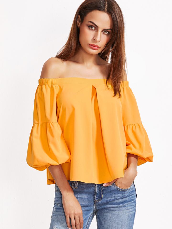Shein Off Shoulder Pleated Lantern Sleeve Top