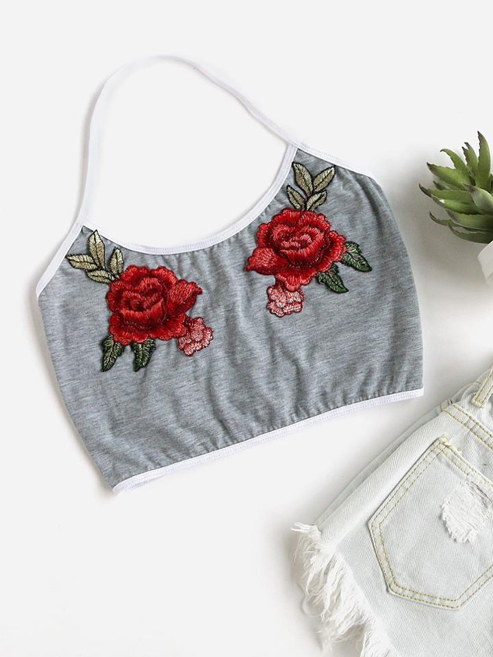Shein Contrast Trim Marled Halter Top With Embroidered Patch
