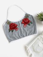 Shein Contrast Trim Marled Halter Top With Embroidered Patch