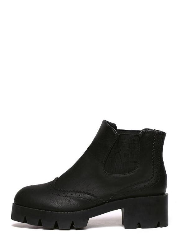 Shein Black Faux Leather Laser Elastic Flatform Boots