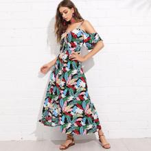 Shein Palm Leaf Print Button Through Cold Shoulder Dress