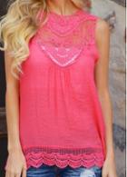Rosewe Watermelon Red Lace Splicing Sleeveless Tank Top
