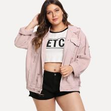 Shein Plus Pocket Ripped Denim Jacket