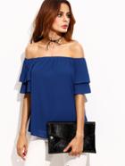 Shein Royal Blue Pleated Sleeve Off The Shoulder Blouse