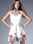 Shein White Round Neck Sleeveless Jacquard Embroidered Dress