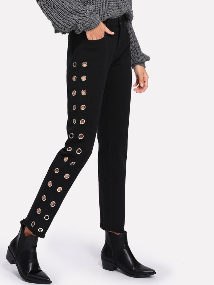 Shein Grommet Detail Raw Hem Jeans