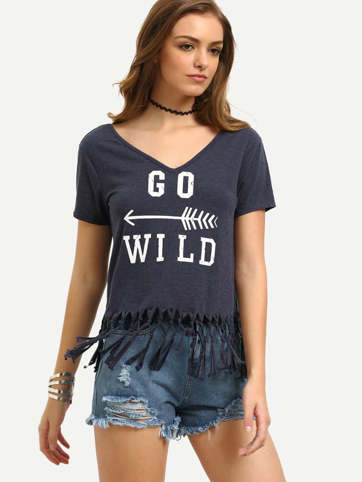 Shein Navy V Neck Letters Print Fringe T-shirt