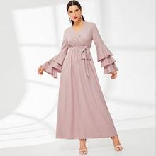 Shein Layered Bell Sleeve Surplice Wrap Belted Hijab Dress