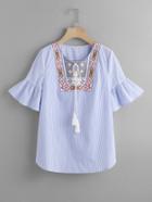 Shein Tasseled Tie Embroidered Yoke Fluted Sleeve Top