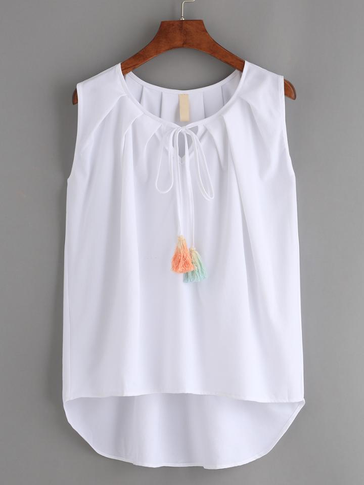 Shein White Tie Neck Pleated Fringe Top