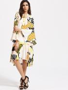 Shein Multicolor Animal Print Tie Neck Bell Sleeve Dress