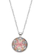 Shein Silver Flower Print Glass Pendant Necklace