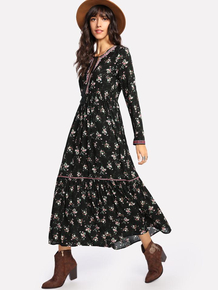 Shein Tassel Tie Embroidered Tape Detail Calico Dress