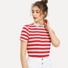 Shein Embroidered Mock Neck Striped Ribbed T-shirt