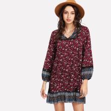 Shein Lantern Sleeve Tassel Tied Neck Dress