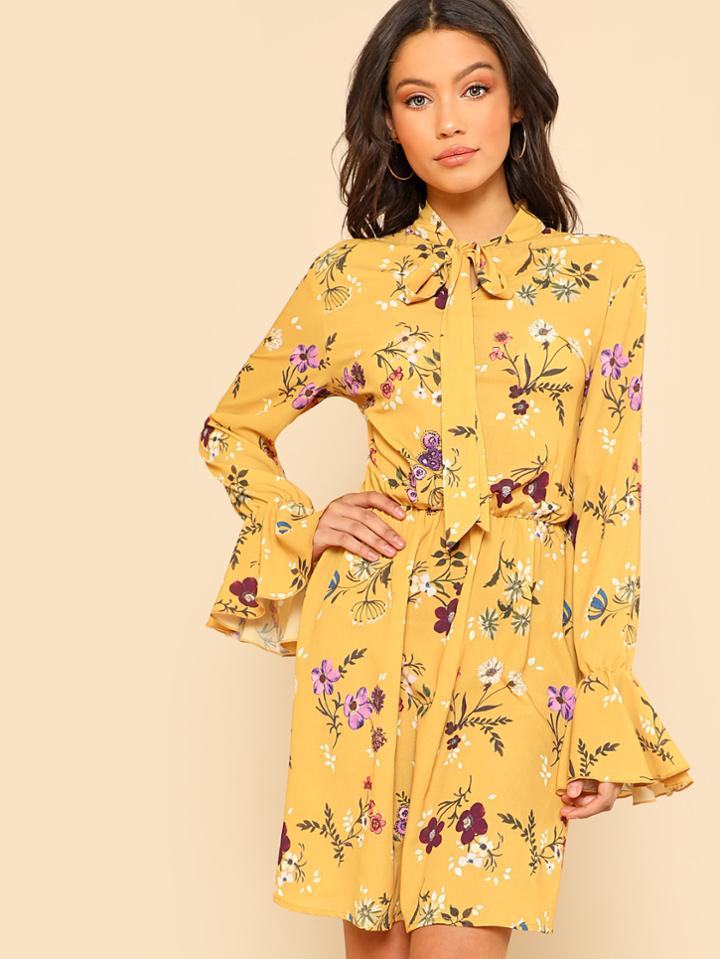 Shein Tie Neck Elastic Waist Floral Dress
