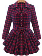 Shein Red Lapel Plaid Bow Grid Knotted Blouses Dress