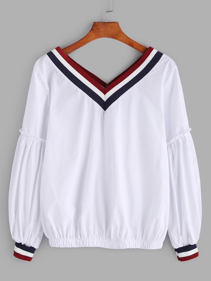 Shein White Double V Neck Striped Trim Blouse