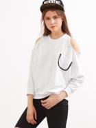 Shein White Open Shoulder Contrast Trim Pocket Sweatshirt
