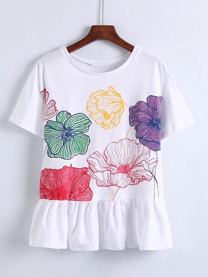 Shein Contrast Ruffle Hem Embroidery Top