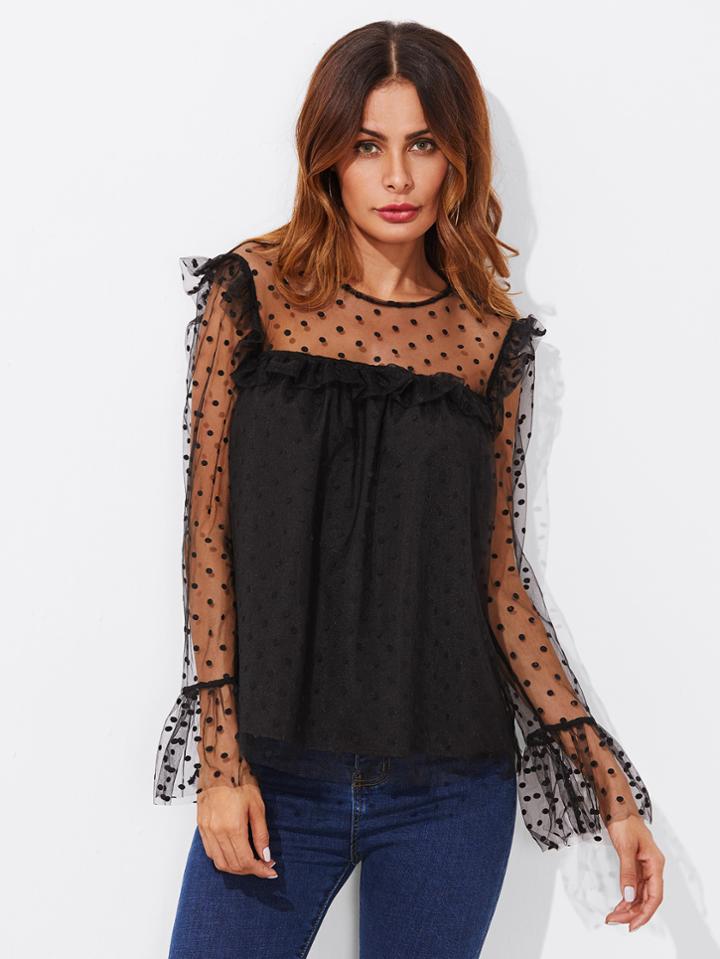 Shein Dot Mesh Overlay Frill Detail Fluted Cuff Top