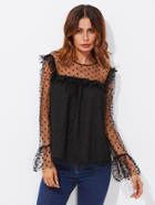 Shein Dot Mesh Overlay Frill Detail Fluted Cuff Top