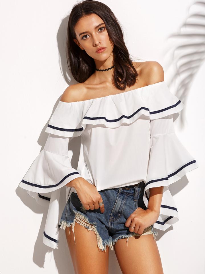 Shein White Striped Trim Ruffle Off The Shoulder Top