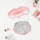 Shein Girls Letter Print Top & Contrast Binding Shorts Set
