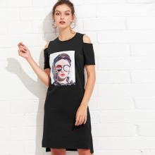 Shein Open Shoulder Figure Print Dress