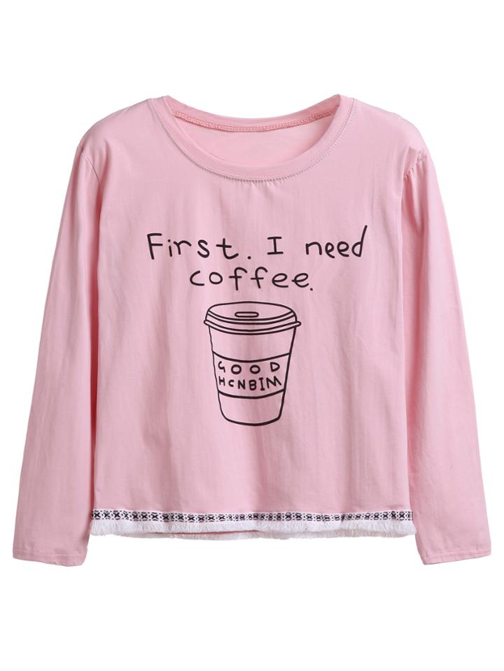 Shein Pink Coffee Cup Print Embroidered Tape Detail Fringe T-shirt