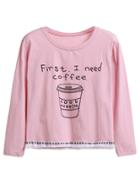 Shein Pink Coffee Cup Print Embroidered Tape Detail Fringe T-shirt