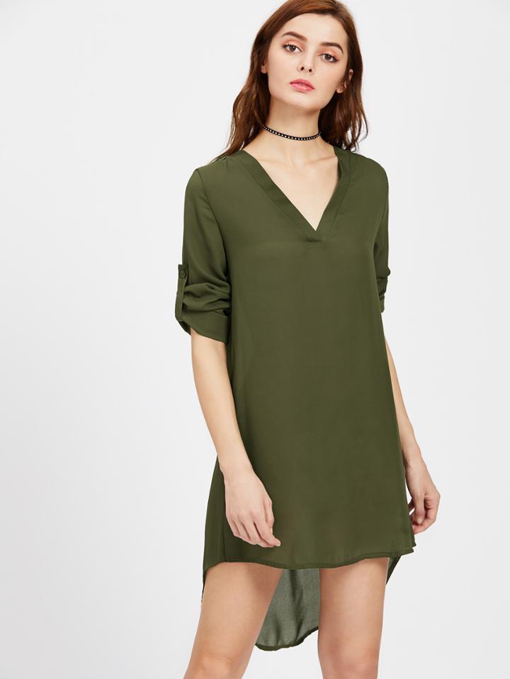 Shein V Neckline Rolled Cuff Dip Hem Chiffon Dress