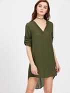 Shein V Neckline Rolled Cuff Dip Hem Chiffon Dress