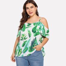 Shein Plus Jungle Print Cold Shoulder Blouse