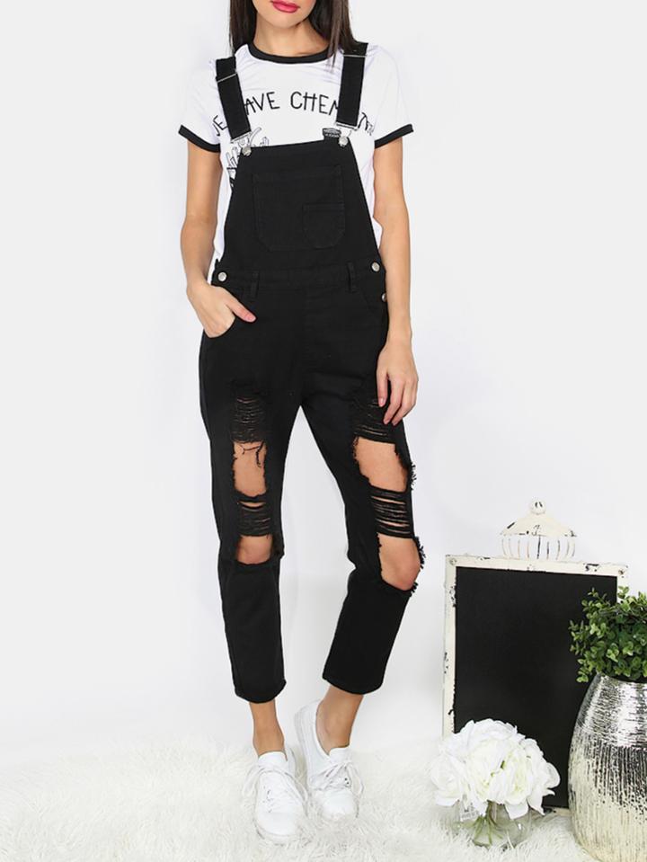 Shein Black Cut Out And Ripped Pocket Suspender Pants