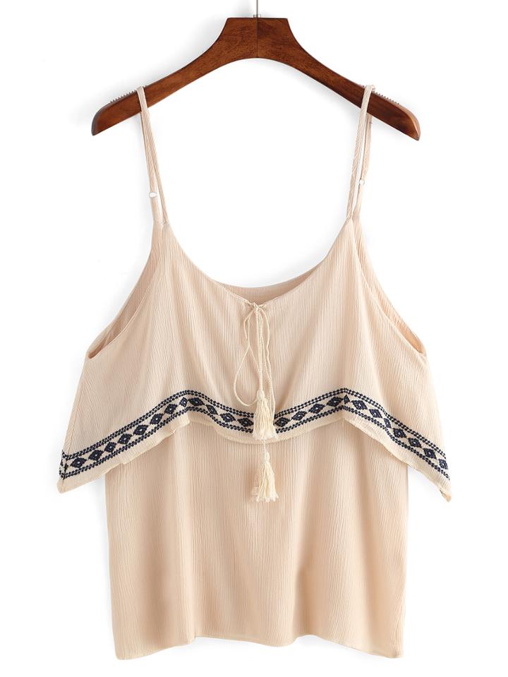 Shein Spaghetti Strap Lace Up Embroidered Cami Top