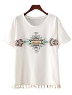 Shein White Short Sleeve Tassel Embroidery T-shirt