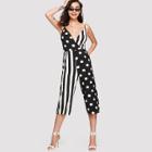 Shein Stripe And Polka Dot Print Wrap Cami Jumpsuit