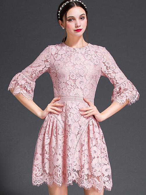 Shein Pink Round Neck Bell Sleeve Lace Dress