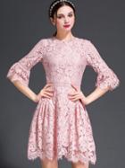 Shein Pink Round Neck Bell Sleeve Lace Dress