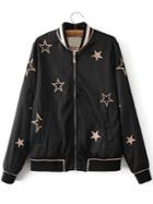 Shein Black Star Embroidery Striped Trim Bomber Jacket