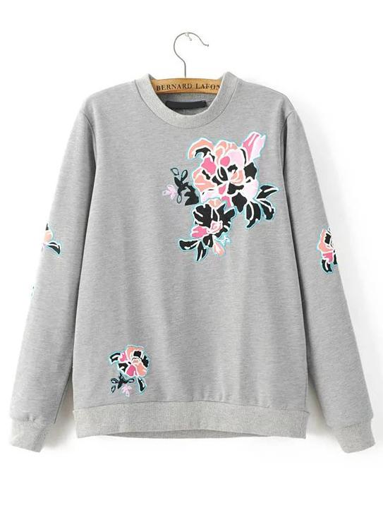 Shein Grey Crew Neck Flower Embroidery Sweatshirt