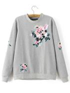 Shein Grey Crew Neck Flower Embroidery Sweatshirt