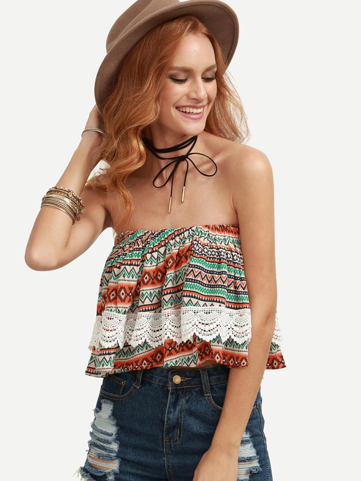 Shein Strapless Geometric Print Contrast Lace Crop Top