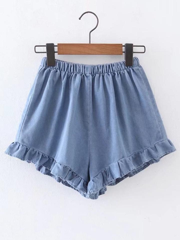 Shein Elastic Waist Ruffle Hem Denim Shorts