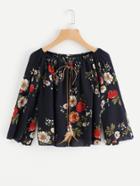 Shein Botanical Print Tie Neck Top