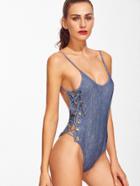 Shein Blue Eyelet Lace Up Open Back Monokini