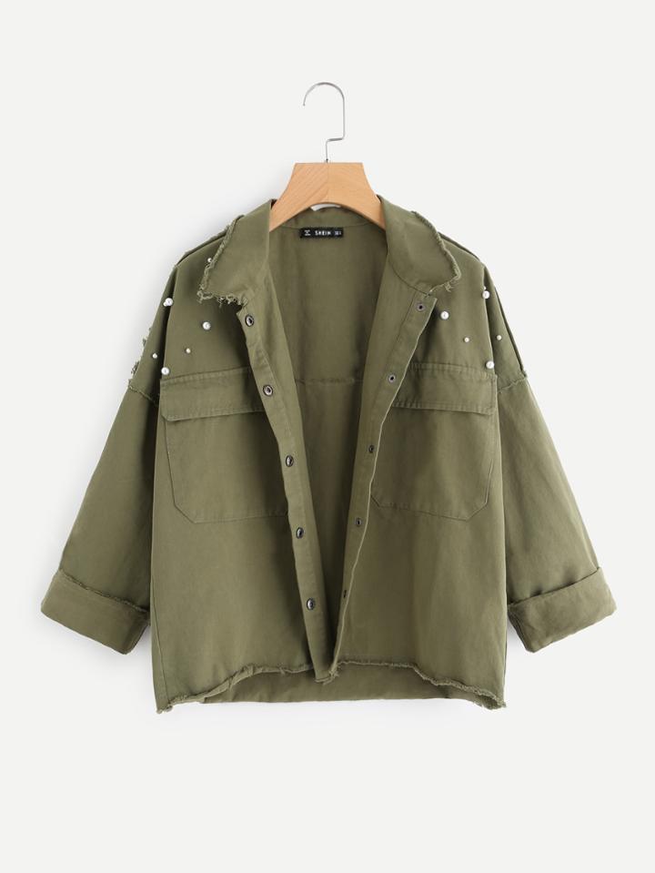 Shein Pearl Beaded Raw Cut Trim Military Jacket